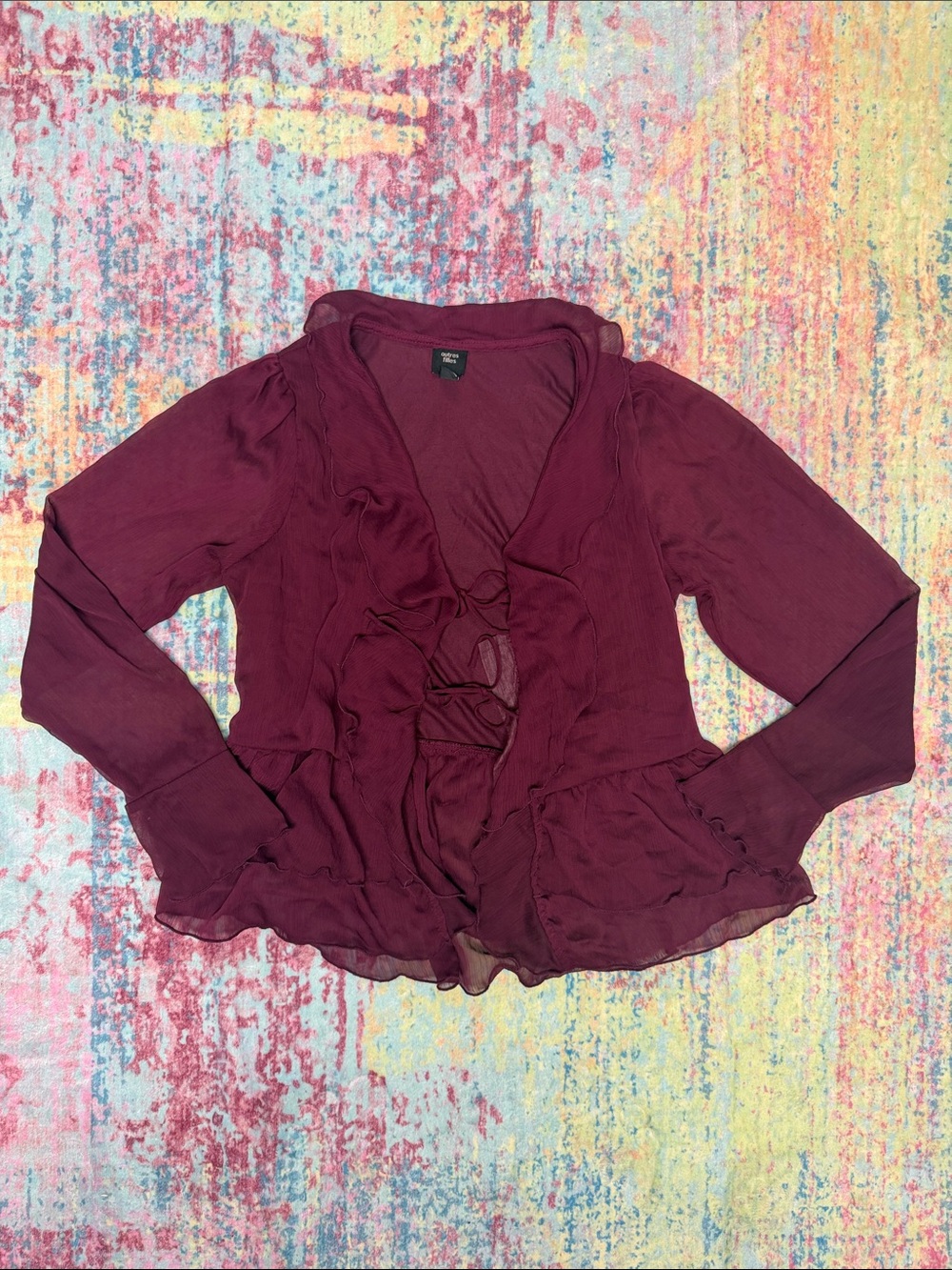 Women's Burgundy Ruffled Open-Front Blouse